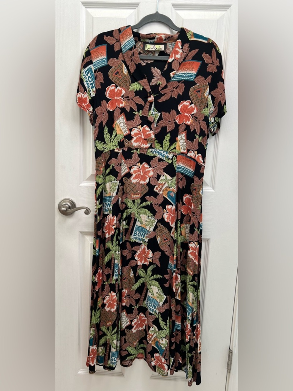 Vintage 90s Loco Lindo Rayon Crepe Tropical Print V-Neck Dress Size Large